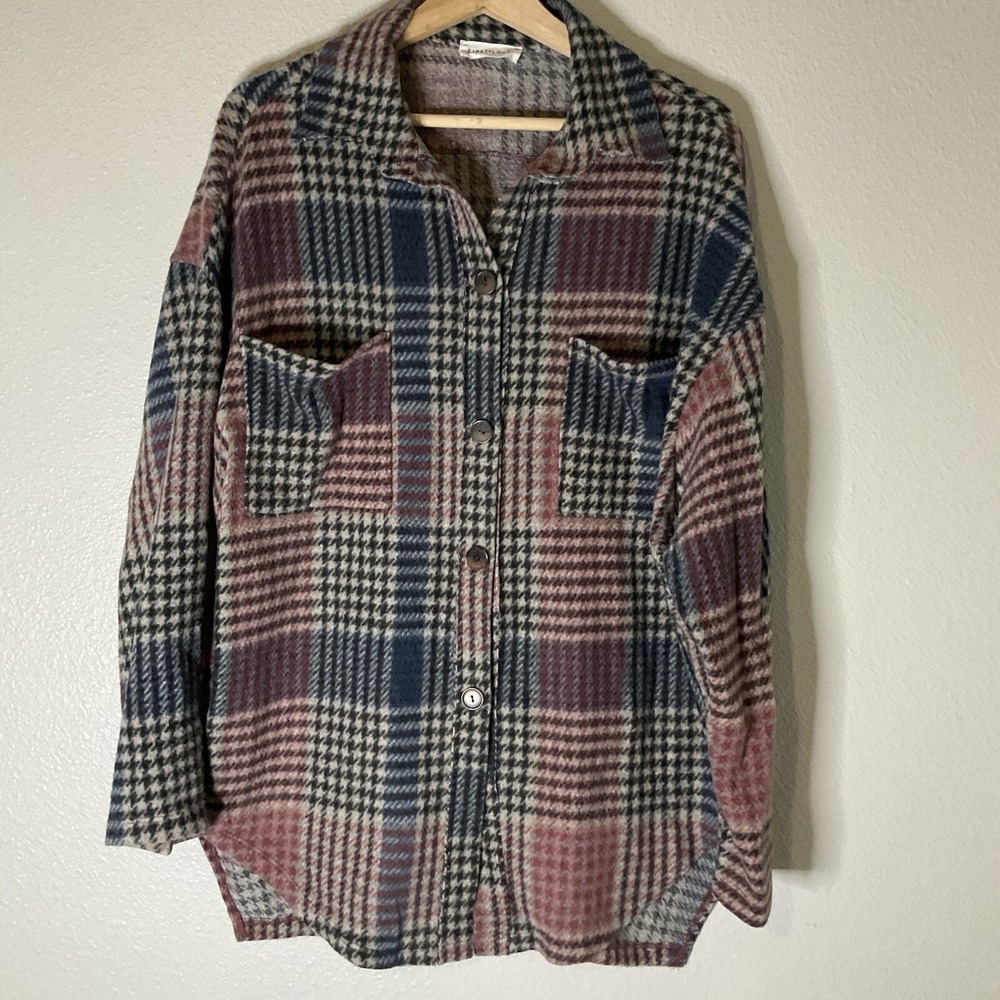 First Love Brushed Plaid Button Up Shacket Womens Medium